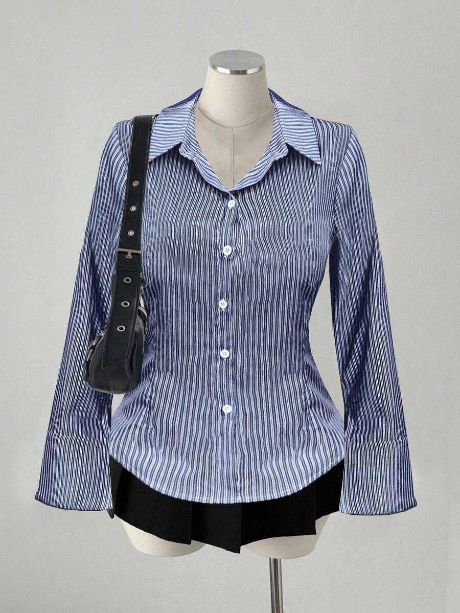 Sweetra Áo sơ mi sọc dọc màu xanh, áo sơ mi nữ dáng ôm vừa vặn thời trang mới cho mùa thu - Màu xanh hải quân - Xem 1