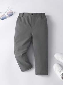 SHEIN Young Boy's Casual Comfortable Solid Color Pants - With Single Button Decor, Slanted Pockets, Elastic Waist Design, Suitable For Daily Wear, Travel, Parties And Festivals, Fashion Versatile, School, Campus, College,ChicAutumn,Halloween, Christmas Fall Winter - Dark Grey - View 7