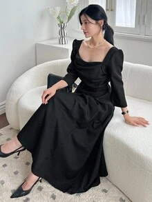 DAZY 女士方领中长连衣裙 - 黑色 - 查看 2