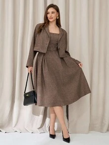 Auralis 春季大码纯色单排扣长袖西装外套连衣裙优雅套装