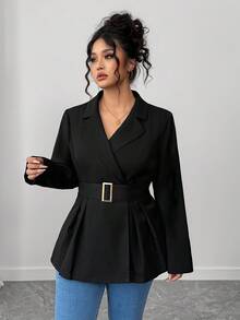 Elenzga Plus Size Women's Solid Color Lapel NeckLong Sleeve Pleated Design Elegant Blazer, Autumn Fall Cloth For Women Winter