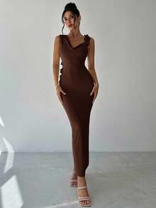 Firerie 女士夏季新款优雅浪漫迷人派对婚礼宾客毕业装杏色低胸不对称肩部无袖 3D 花卉丝带露背直筒连衣裙，适合返校、机场、外出 - 咖啡棕 - 查看 3