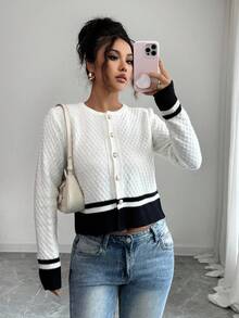SHEIN Clasi Elegant Romantic Striped Round Neck Cardigan With Metal Button Decor, Black & White Knit Sweater For Women, Autumn - Black and White - View 4