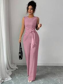 Elenzga 女士通勤休闲圆领黑白条纹蝴蝶结连体裤，适合毕业典礼、返校节、独立日、通勤和日常休闲穿着 - 粉色 - 查看 3