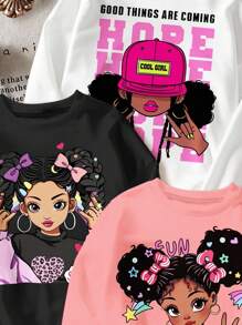 SHEIN Set de 3 sudaderas de manga larga con forro térmico grueso, con estampado retro, genial y lindo, aptas para otoño/invierno, en color negro, blanco y rosa, para niñas jóvenes