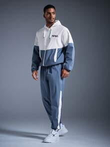 DRIFTMERE 男士休闲字母印花连帽夹克和抽绳运动裤套装，时尚百搭，适合春秋季、秋冬季节，可作运动服、健身房、慢跑套装 - 藍色 - 查看 4