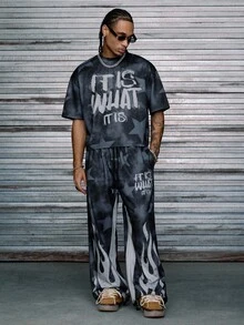 AXEPEAK Men's Star & Flame Print Fashion Streetwear Knit T-Shirt And Pants Set, Cozy Outfits - Black - View 4