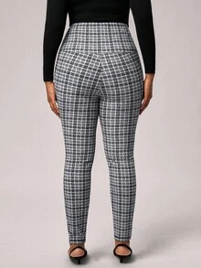SHEIN Tall CURVE 大码休闲优雅格子印花宽带腰针织纽扣前女式紧身裤，适合秋冬季 - 黑色 - 查看 2