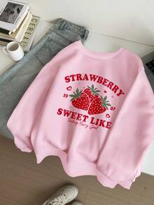 SHEIN EZwear 大码草莓印花休闲简约宽松加厚圆领长袖女式卫衣，粉色草莓图案卫衣，秋冬季可爱草莓水果卫衣 - 粉色 - 查看 1