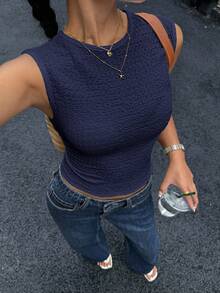 Siren Gaze 女式百搭纹理修身背心，夏季 - 藏蓝色 - 查看 8