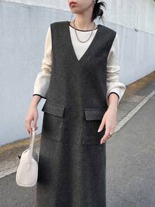 FRIFUL Women's V-Neck Straight Hem Slit Casual Solid Color Front Pocket Decor Long Dress - Grey - View 2