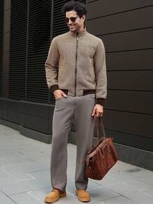 Manfinity CasualCool Áo khoác kẻ caro kéo khóa cổ điển thường ngày dành cho nam, mùa thu - Cà phê nâu - Xem 4