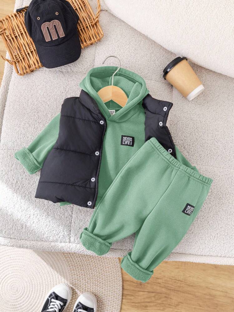3 件套男婴/女婴休闲黑色背心夹克、绿色连帽衫和裤子 3 件套服装，适合秋冬季 - 彩色 - 查看 6