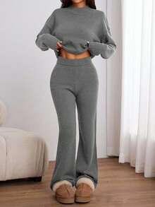 EURMUSE Women's Casual Daily Simple Solid Color High Neck Loose Sweater And Flared Sweater Pants 2 Pieces Set, Autumn/Winter - Light Grey - View 4