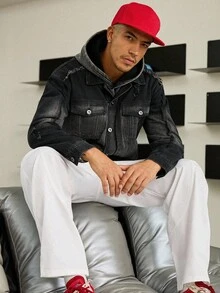 Manfinity Hypemode 男士黑色 Grunge 街头时尚破旧渐变牛仔夹克中性款 GenZ 水洗口袋黑色 OVERSIZE 街头万圣节万圣节秋季 - 黑色 - 查看 5