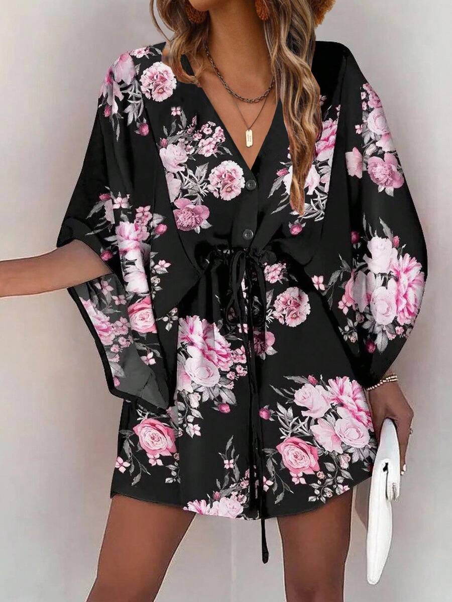 Breezaya Women's Simple Daily V-Neck Random Printed Dress Vacation Beach Outfit - Black - View 1