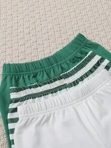 SHEIN Playful Pals 6件組男嬰夏季套裝 條紋無袖上衣與短褲 舒適休閒海灘穿搭 薄荷綠白色黑色百搭日常服飾 - 綠色 - 查看 5