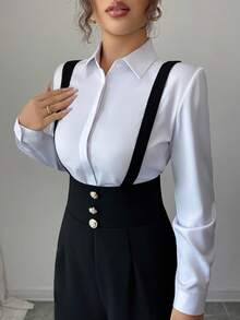 Elenzga Quần ống đứng thanh lịch lãng mạn dành cho nữ có dây đeo ở eo và nút cài trang trí - màu đen - Xem 4