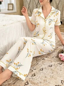 CottageSlumber 女士花卉印花睡衣套装，撞色饰边口袋设计，女士花卉睡衣，花卉睡衣套装，女士睡衣套装，夏季女士睡衣套装，复古睡衣套装 - 黃色 - 查看 1