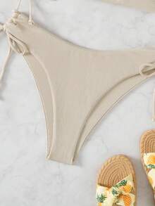 Swim Basics Summer Beach Rib One Shoulder Tie Side Bikini - Beige - View 5