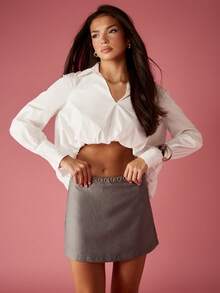 MISSGUIDED Crop Button Down Collared Blouse Long Sleeve White Bubble Hem Shirt High Waist Asymmetric Design Fashion Top Elegant Office Style Business Casual - White - View 3