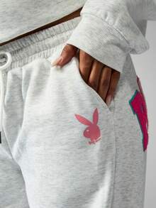 Missguided x Playboy Wide Leg Joggers With Colorful Letter Applique Patches Casual Loungewear Sweatpants For Fall Winter Comfort - Light Grey - View 5