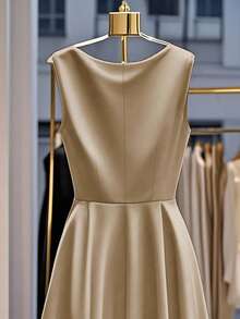 Franclia Women's Elegant Solid Color Waist Cinched Dress - Khaki - View 5