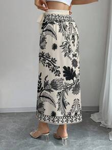 Elenzga 女士优雅花卉印花裹身系带直筒裙，度假风格 - 彩色 - 查看 2