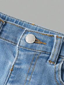 SHEIN 2pcs Young Boy Blue Denim Thermal Lined Jacket With Collar And Elastic Skinny Pants Set, Autumn/Winter Fall