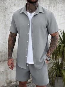 Manfinity Homme 2pcs Men's Solid Color Geometric Jacquard Casual Short Sleeve Shirt And Shorts Set