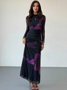 Aloruh 全新秋冬紫色扎染花卉网眼印花派对长袖修身连衣裙 - 紫色 - 查看 4