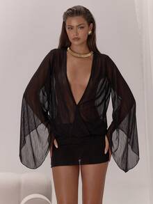 MUSERA Sheer Plunge Front Flared Sleeve Mini Dress Classy Sexy Night Out Occasion Vacation Layered Party Elegant Summer Outfit Holiday - Black - View 1
