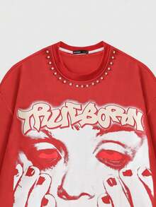 ROMWE MEN Street Life Men's Printed Long Sleeve T-Shirt, Loose Cropped Fit, For Fall - Red - View 3