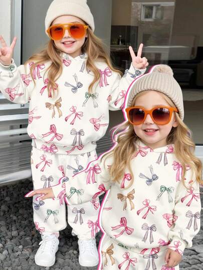 SHEIN Young Girls Cute Sweet Bow Print, Pink, Collegiate Style, French Retro Sweet, Young Girls Loose Sporty Comfortable Casual Minimalist Hoodie 2 Pieces Set Suitable For Autumn/Winter, Back To School, Back To School Clothes, 2000s Style, Y2K Clothes, Korean Style, Autumn Clothes, Fall Clothes, Homecoming, Winter Clothes, Grunge, Striped, Easy Comfort, Stylish Kids, Hippie Style Music Festival, BM, American Retro Sweet, High School Campus Vibe, Internet Sensation, Citywalk