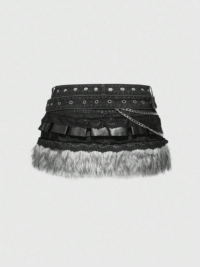 Grunge Punk Y2K Vintage Patchwork Furry PU Metal Spider Skull Pendant Super Short Denim Mini Skirt