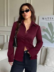 SHEIN EZwear Vinröd skjorta med långärmad dragsko och knapp framtill för dam, höst/vinter, eleganta blusar för dam - Bourgogne - Visa 3