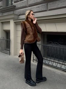 MOTF PREMIUM 口袋无袖仿皮草大衣 - 摩卡棕 - 查看 5