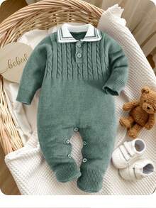 SHEIN Pelele de bebé recién nacido niño/niña con cuello vuelto, mono de punto de cable, adecuado para usar en otoño/invierno, interior y exterior