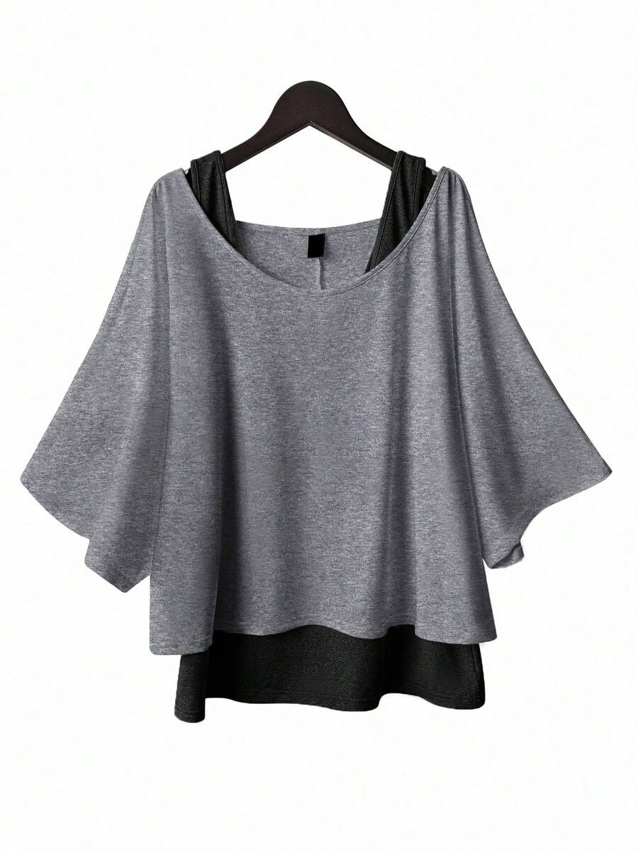 SHEIN Essnce 大码女式休闲两件套西装，背心和露肩上衣两件套西装，女式夏季两件套西装，外出上衣女式夏季服装，露肩上衣可爱上衣可爱夏季上衣 - 灰色 - 查看 1