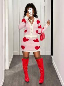 BamGleam Bộ áo len nữ ngày lễ tình nhân Love Kiss hình trái tim màu đỏ Cupid Bộ áo len cài nút tương phản Cardigan Nửa chân váy Đơn giản gợi cảm bó sát thường ngày - Đỏ và trắng - Xem 4