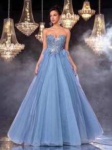 Glamrae 奢华、优雅、高贵、时尚、青春、蓝色、飘逸、网眼、露肩、罩杯设计、贴花、深V领、大喇叭裙、系带、适合单身派对、婚礼嘉宾、音乐节、度假、正式晚会、晚礼服