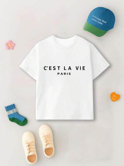 Young Girl Summer Casual Short Sleeve T-Shirt With Letter Print Round Neck