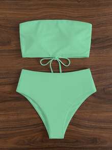 Swim Basics Summer Beach Women's Bikini Set With Solid Color, Back Strappy Details - Mint Green - View 3
