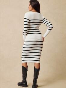 SHEIN 孕妇条纹圆领长袖修身休闲毛衣套装 - 杏色 - 查看 2