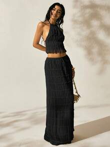 Easelle 2件套女士浪漫黑色露背低腰裙度假户外装黑色两件套女士度假装女士裙子套装两件套裙子百褶裙套装夏季2件套女士 - 黑色 - 查看 7