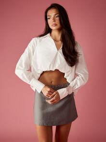 MISSGUIDED Crop Button Down Collared Blouse Long Sleeve White Bubble Hem Shirt High Waist Asymmetric Design Fashion Top Elegant Office Style Business Casual - White - View 1