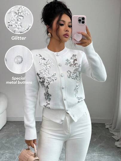 Elenzga Women's Round Neck Long Sleeve Sequin Embroidered Floral Button-Front Cardigan Fall Winter Cloth For Women