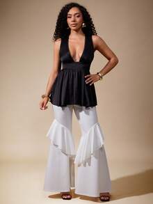 Vixey Áo peplum không tay cổ khoét sâu bằng vải satin trơn có cạp chun - Đỏ - Xem 3