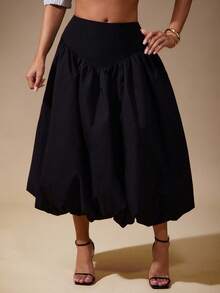 Vixey Váy midi đen dệt kim thoáng khí chống nhăn cho nữ, viền phồng eo - màu đen - Xem 1