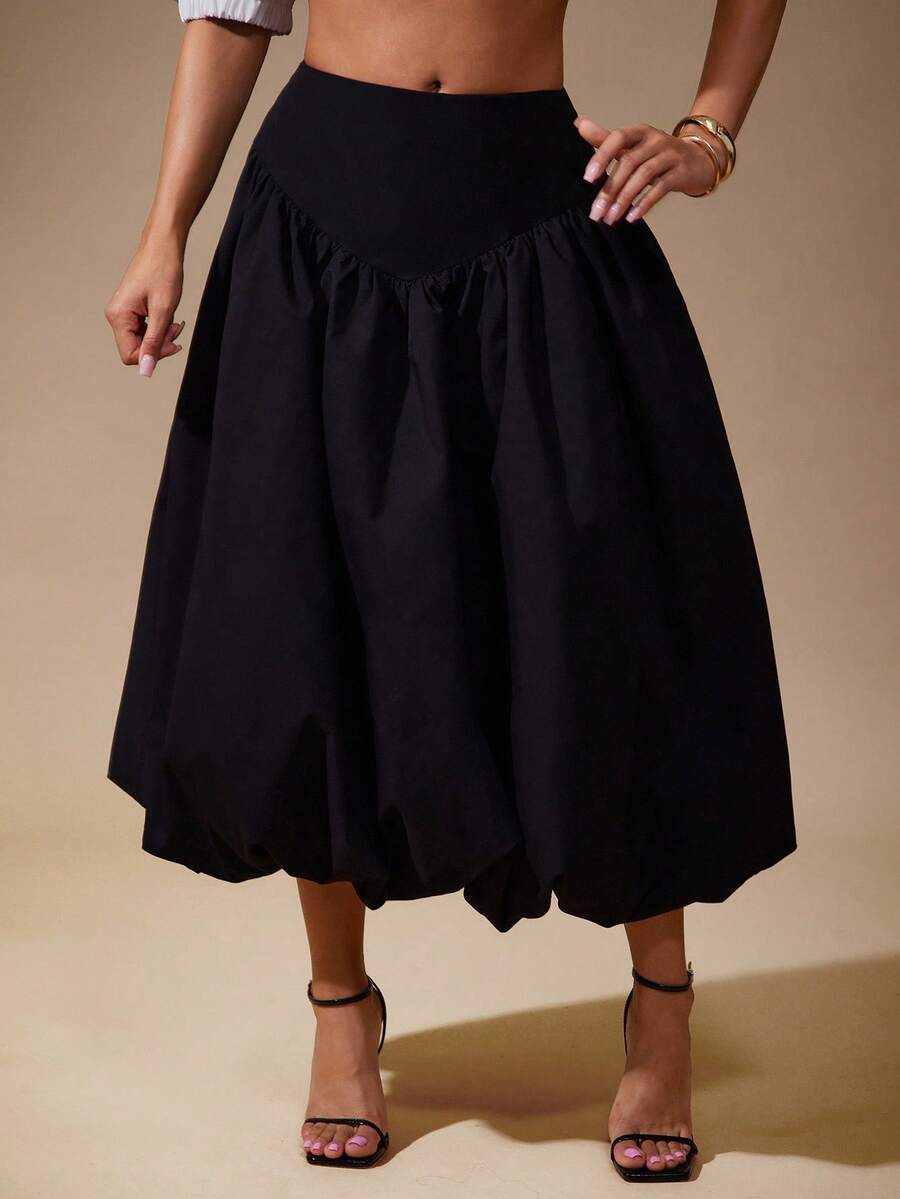 Vixey Váy midi đen dệt kim thoáng khí chống nhăn cho nữ, viền phồng eo - màu đen - Xem 1